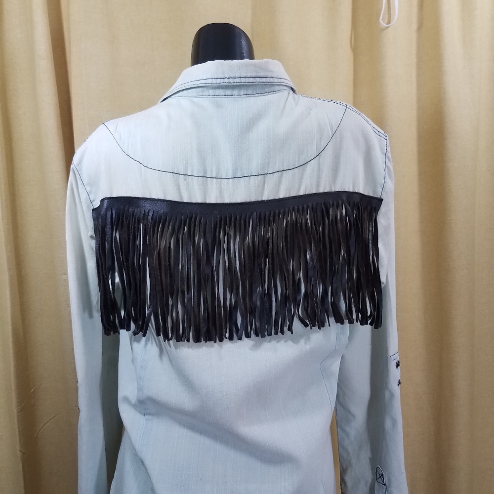 Millau Western Leather fringed Blue Button Down denim shirt